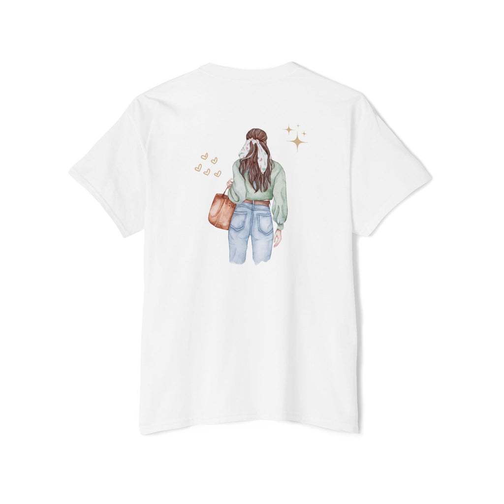 Women’s Pocket Tee — Watercolor Girl Back Graphic Casual Cotton Shirt