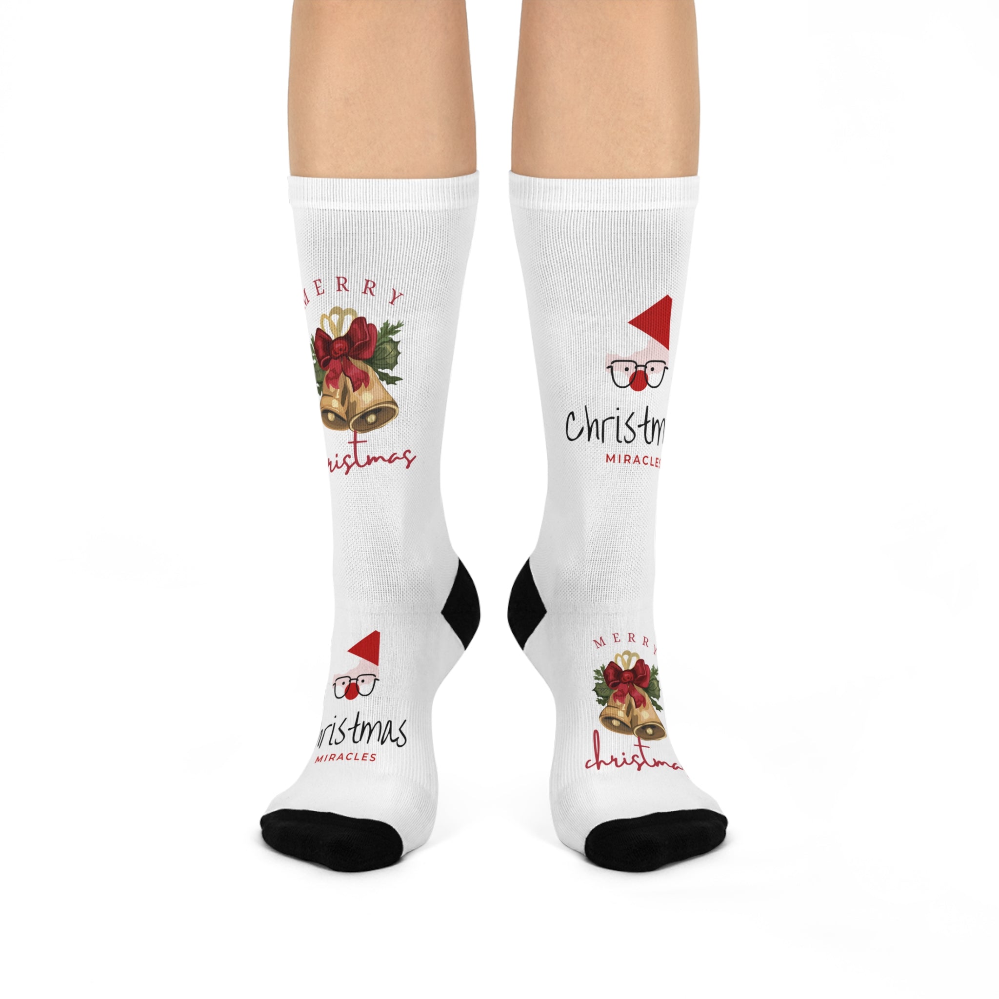 Christmas Crew Socks — Merry Christmas Santa and Bells Holiday Cushion Socks