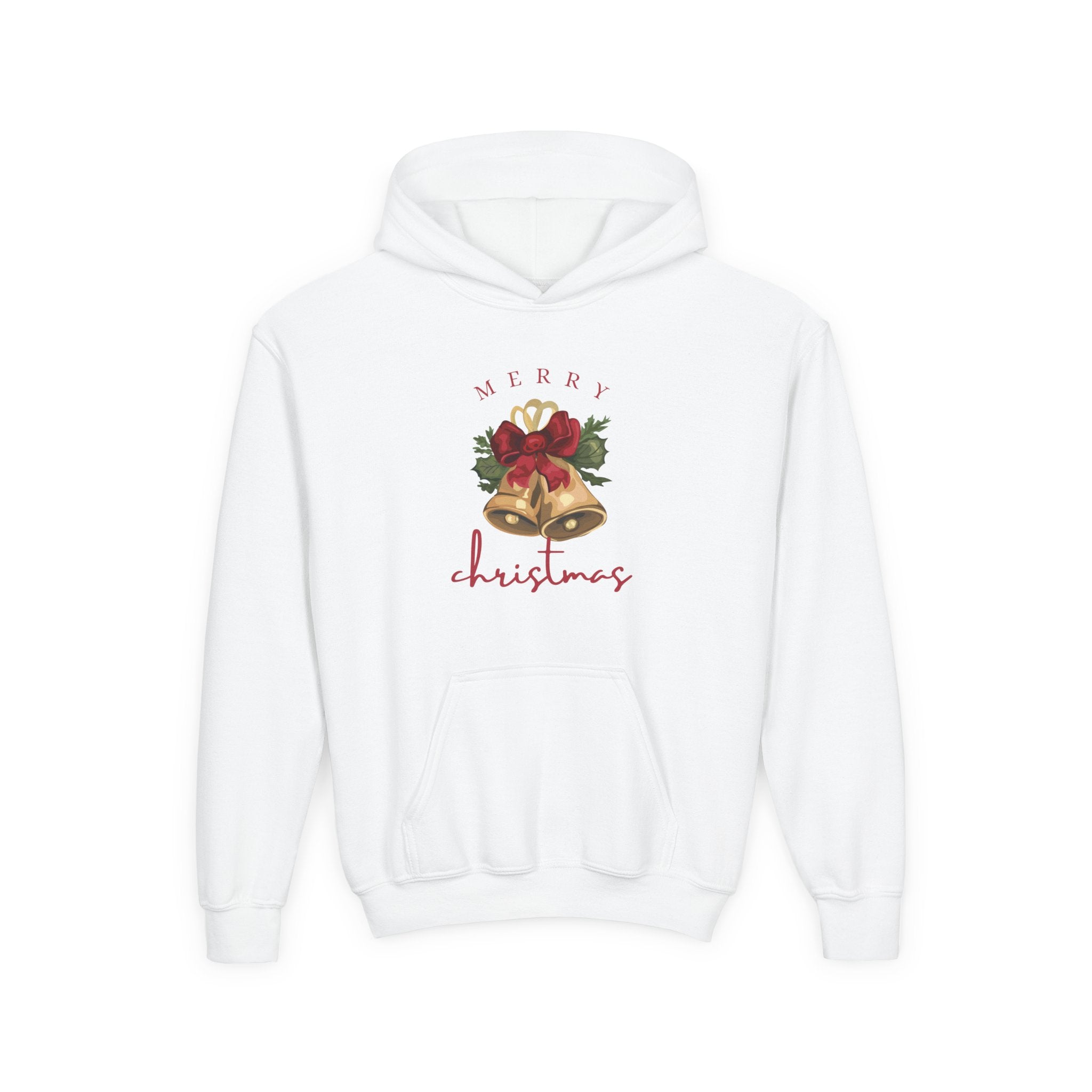 Youth Christmas Hoodie — 'Merry Christmas' Bell Front & 'Christmas Miracles' Santa Back