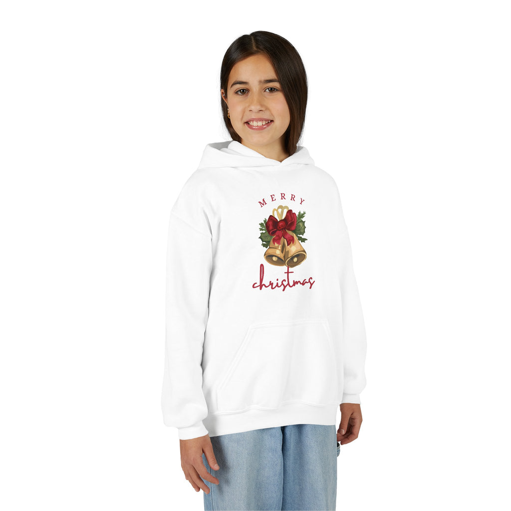 Youth Christmas Hoodie — 'Merry Christmas' Bell Front & 'Christmas Miracles' Santa Back