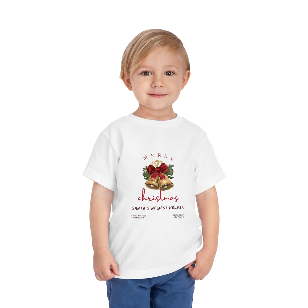 Merry Christmas Bell Wreath Santa's Newest Helper Toddler Tee | Holiday Kids Shirt