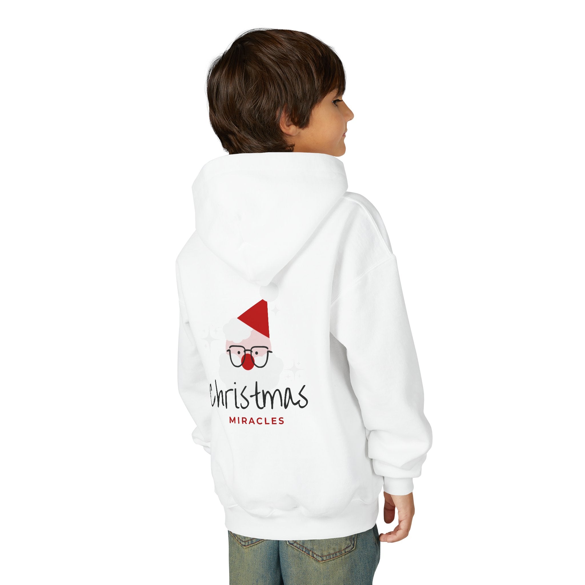 Youth Christmas Hoodie — 'Merry Christmas' Bell Front & 'Christmas Miracles' Santa Back