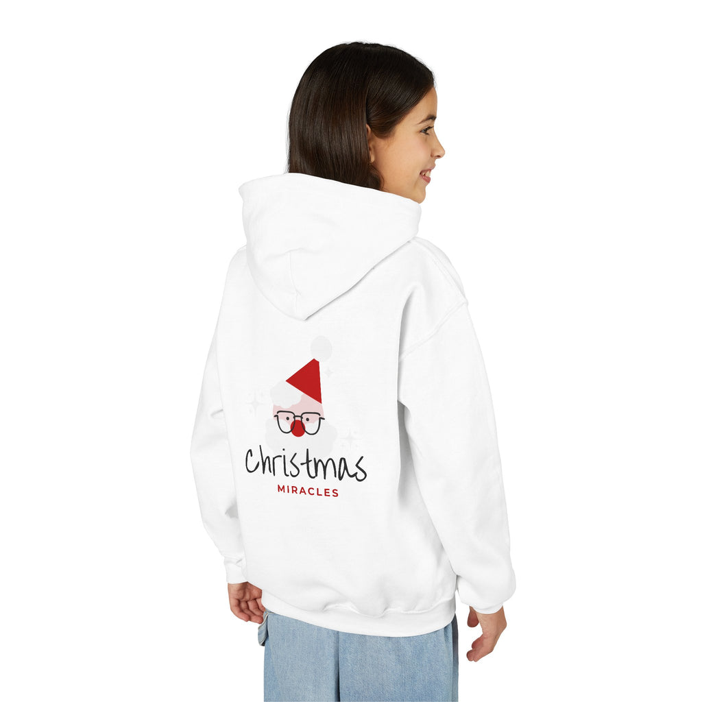Youth Christmas Hoodie — 'Merry Christmas' Bell Front & 'Christmas Miracles' Santa Back