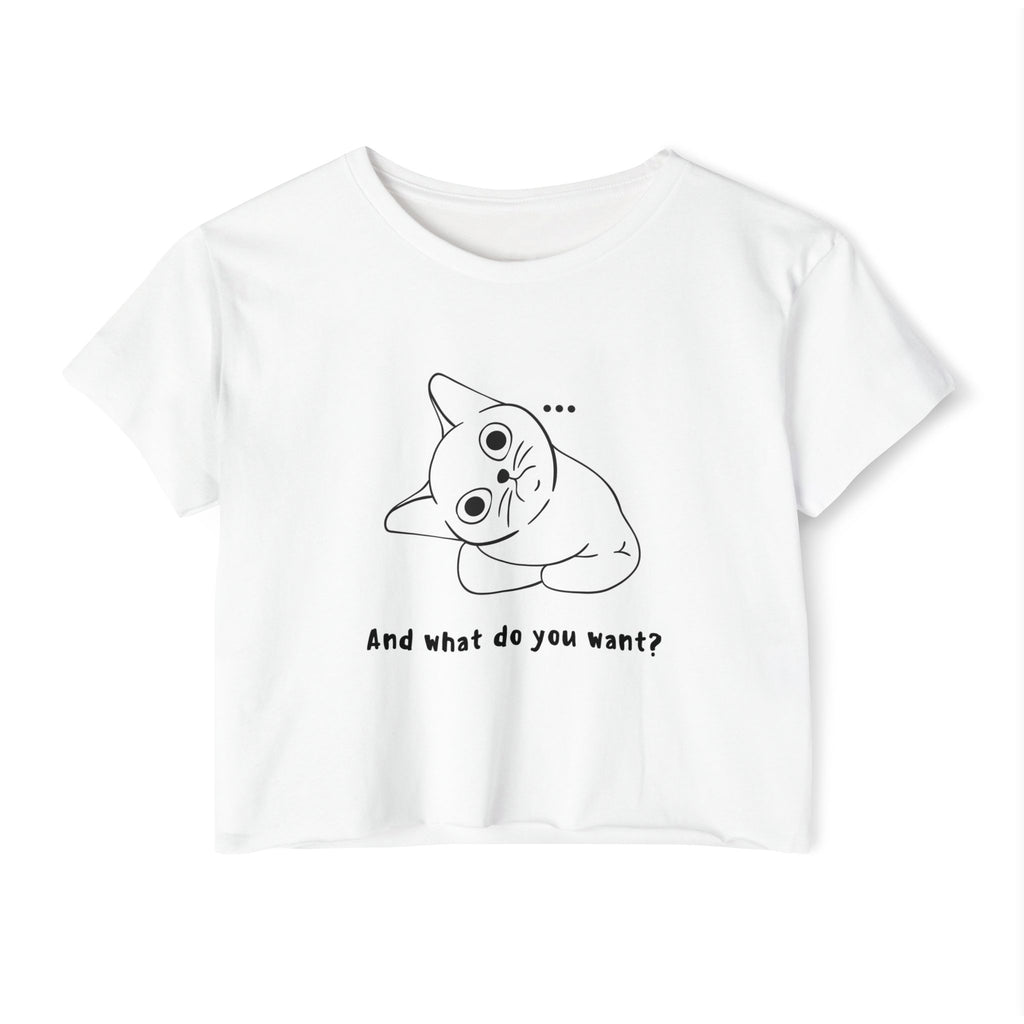 Crop Top — Cute Tilted Cat Illustration "And what do you want?"