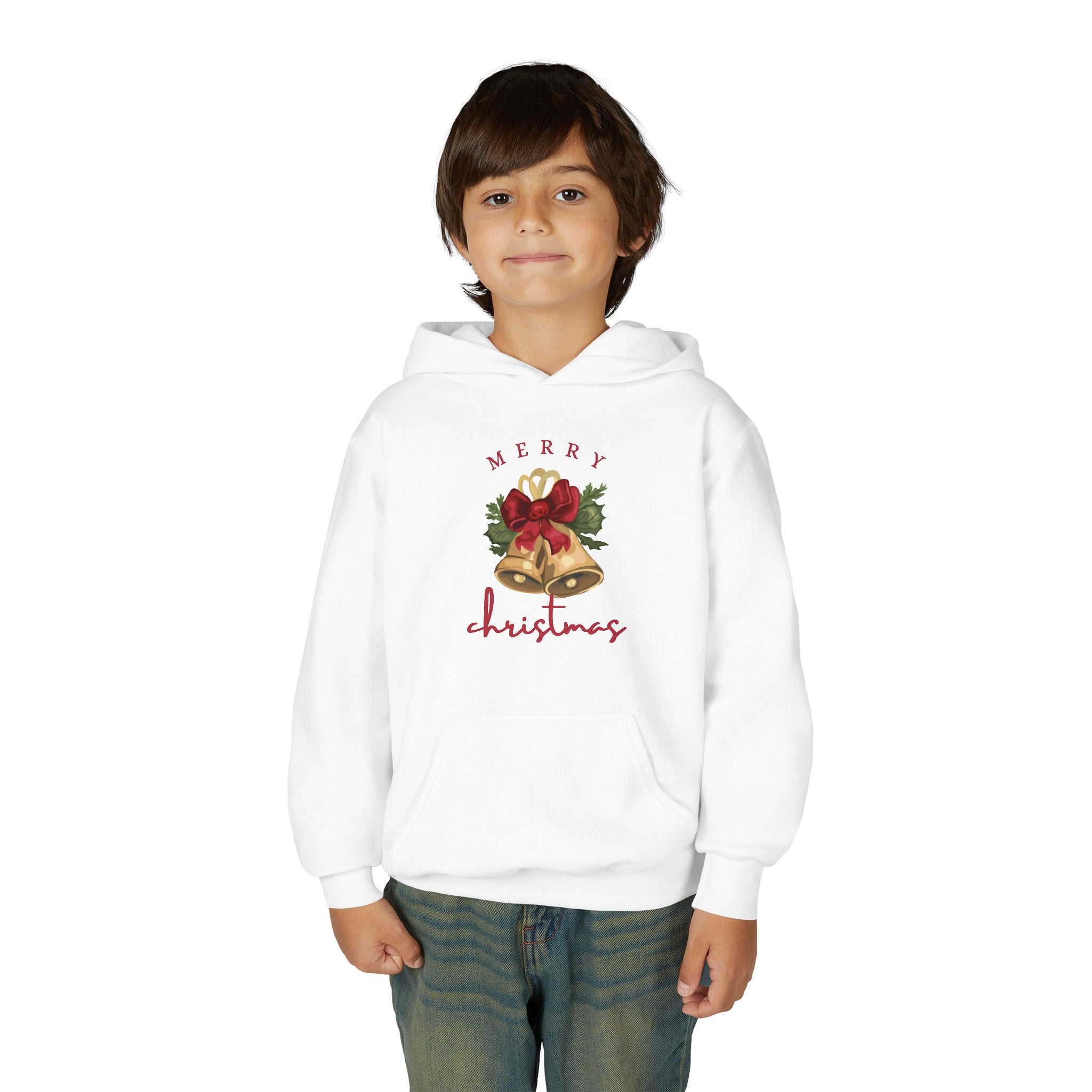 Youth Christmas Hoodie — 'Merry Christmas' Bell Front & 'Christmas Miracles' Santa Back