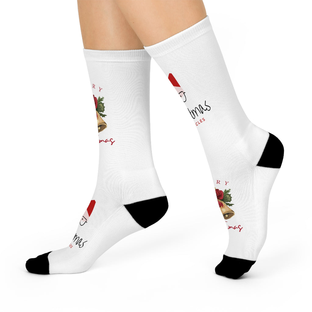 Christmas Crew Socks — Merry Christmas Santa and Bells Holiday Cushion Socks