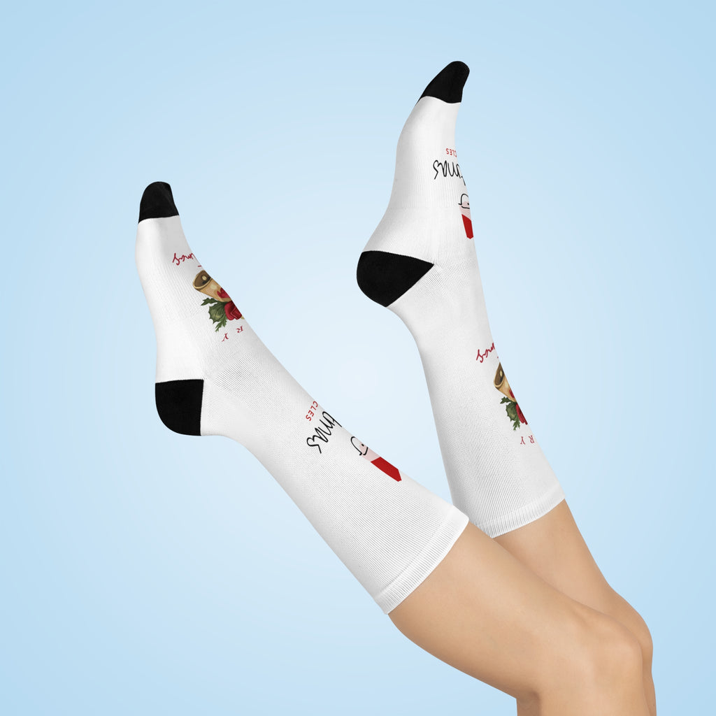 Christmas Crew Socks — Merry Christmas Santa and Bells Holiday Cushion Socks